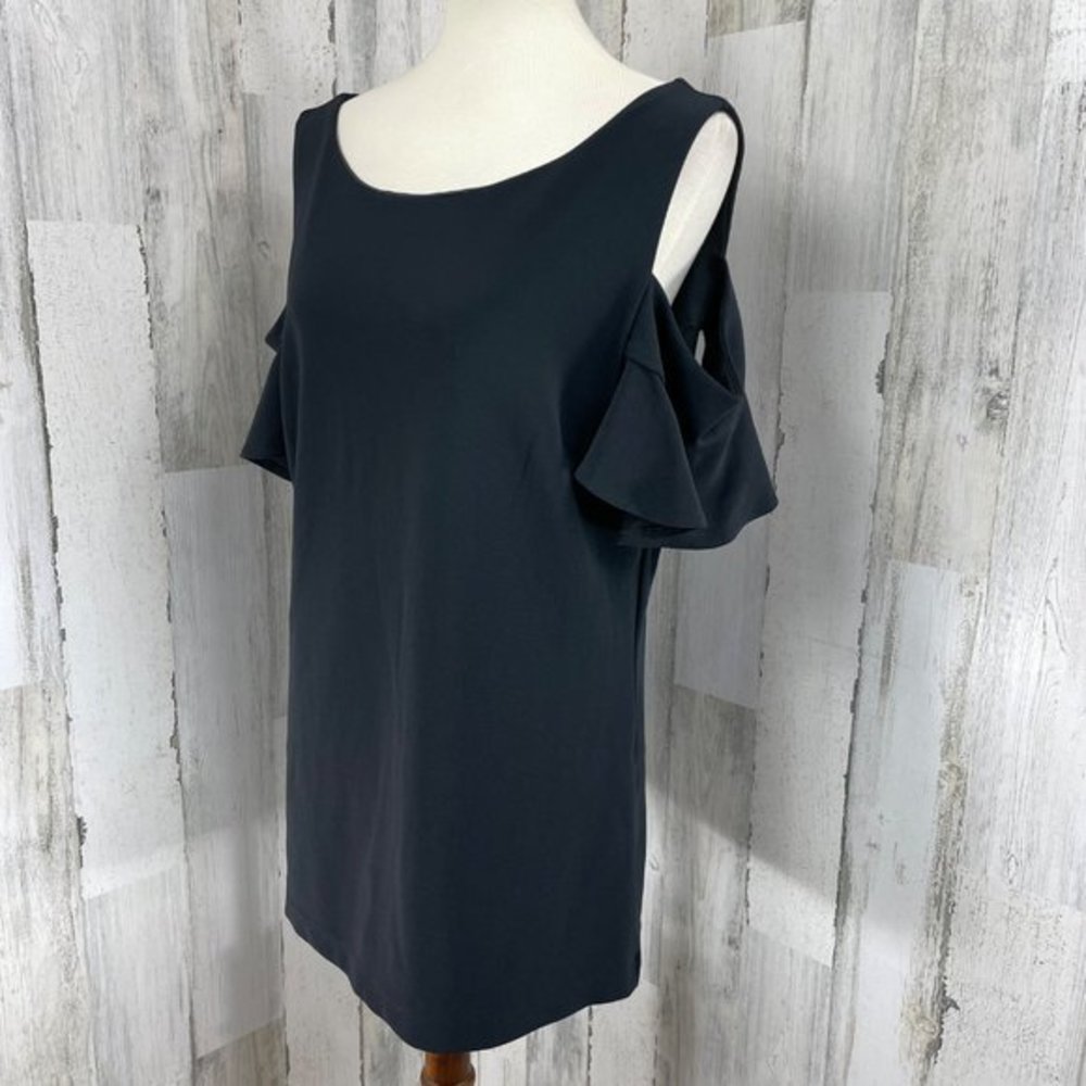 Boston Proper Women's Black Cold Shoulder‎ Scoop Neck Shirt Top Blouse Sz L